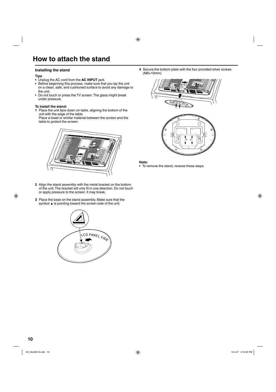 How to attach the stand | Hitachi L32BD304 User Manual | Page 10 / 39