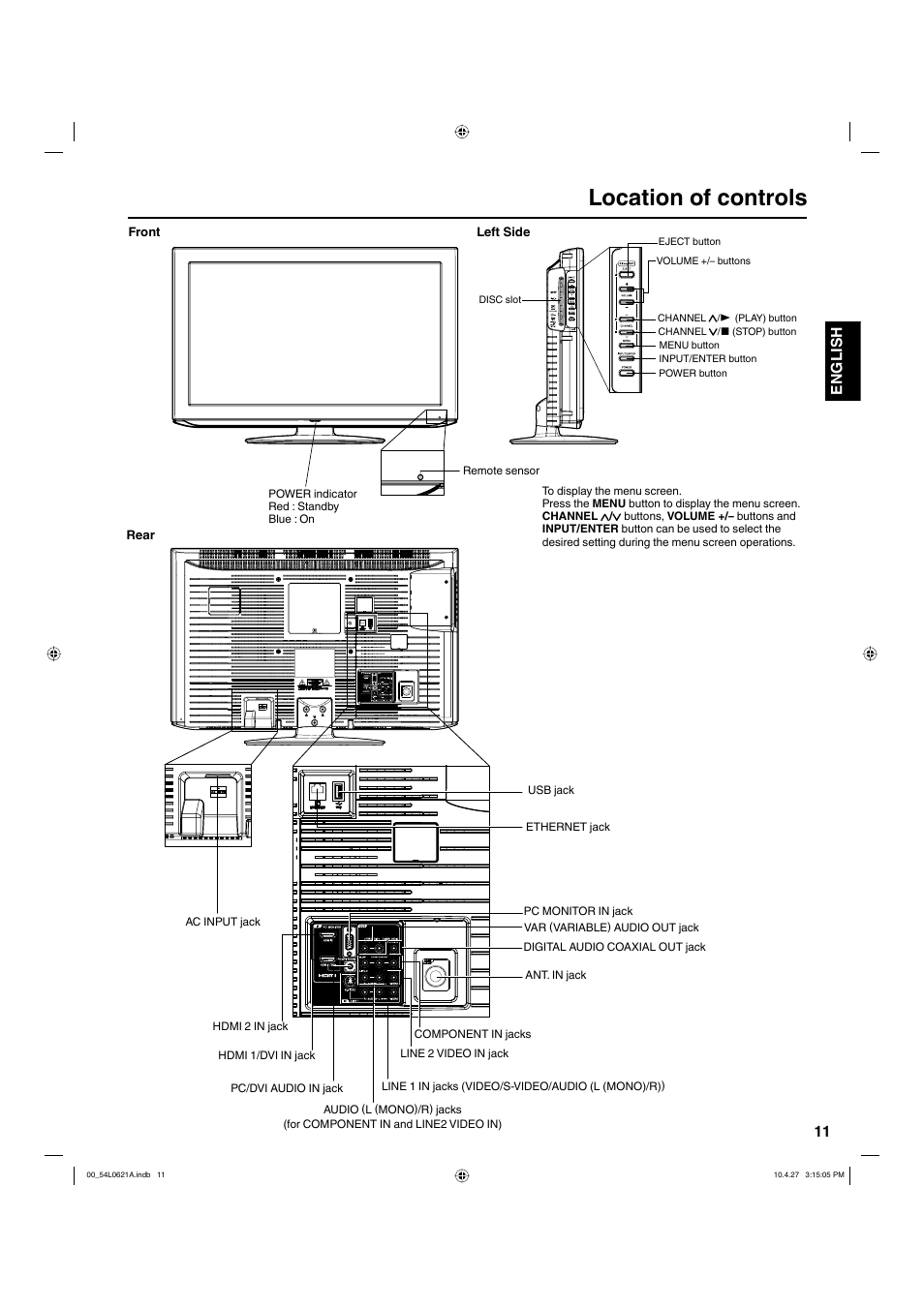 Location of controls, 11 english | Hitachi L32BD304 User Manual | Page 11 / 39