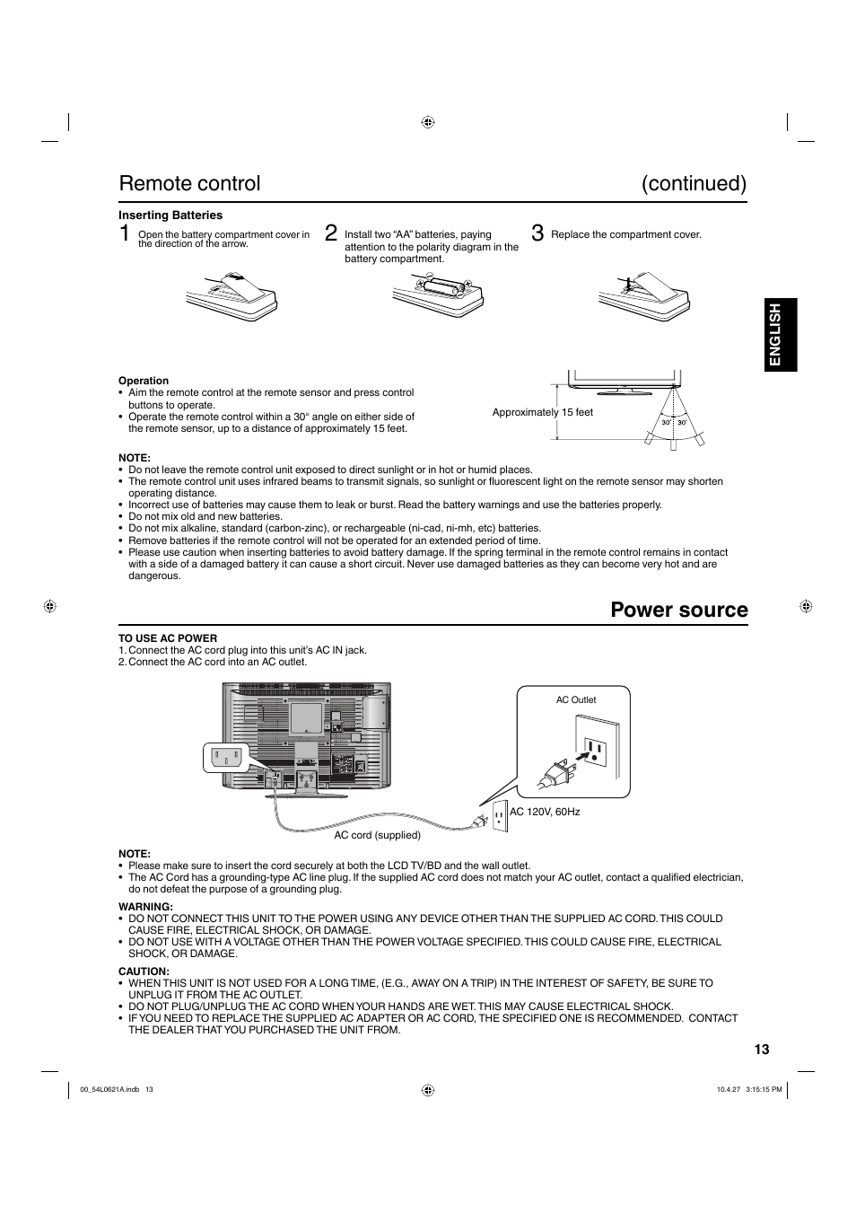 Remote control (continued), Power source | Hitachi L32BD304 User Manual | Page 13 / 39