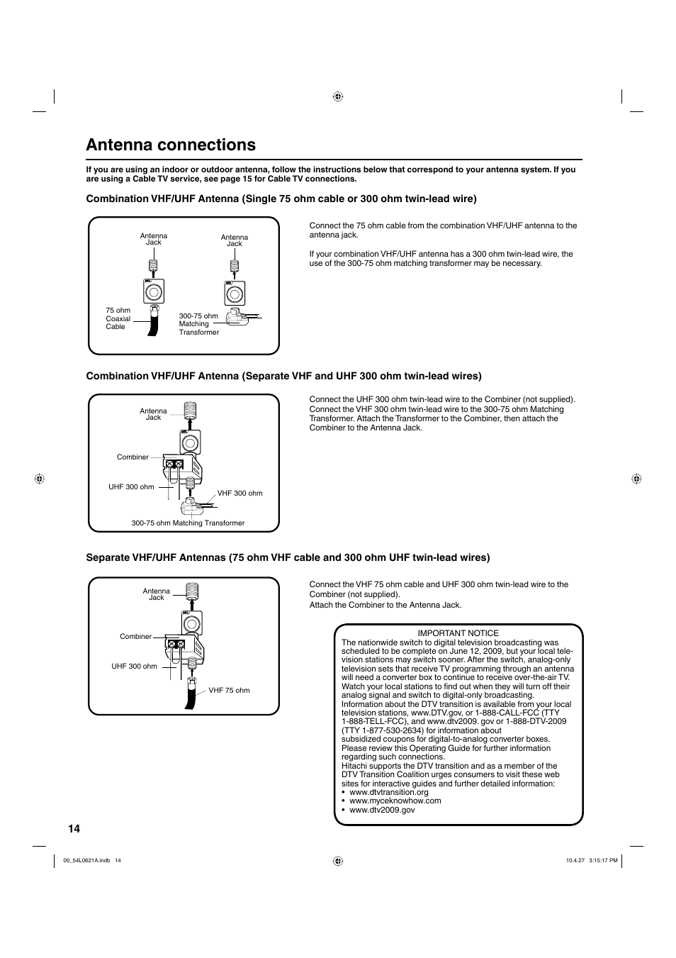 Antenna connections | Hitachi L32BD304 User Manual | Page 14 / 39