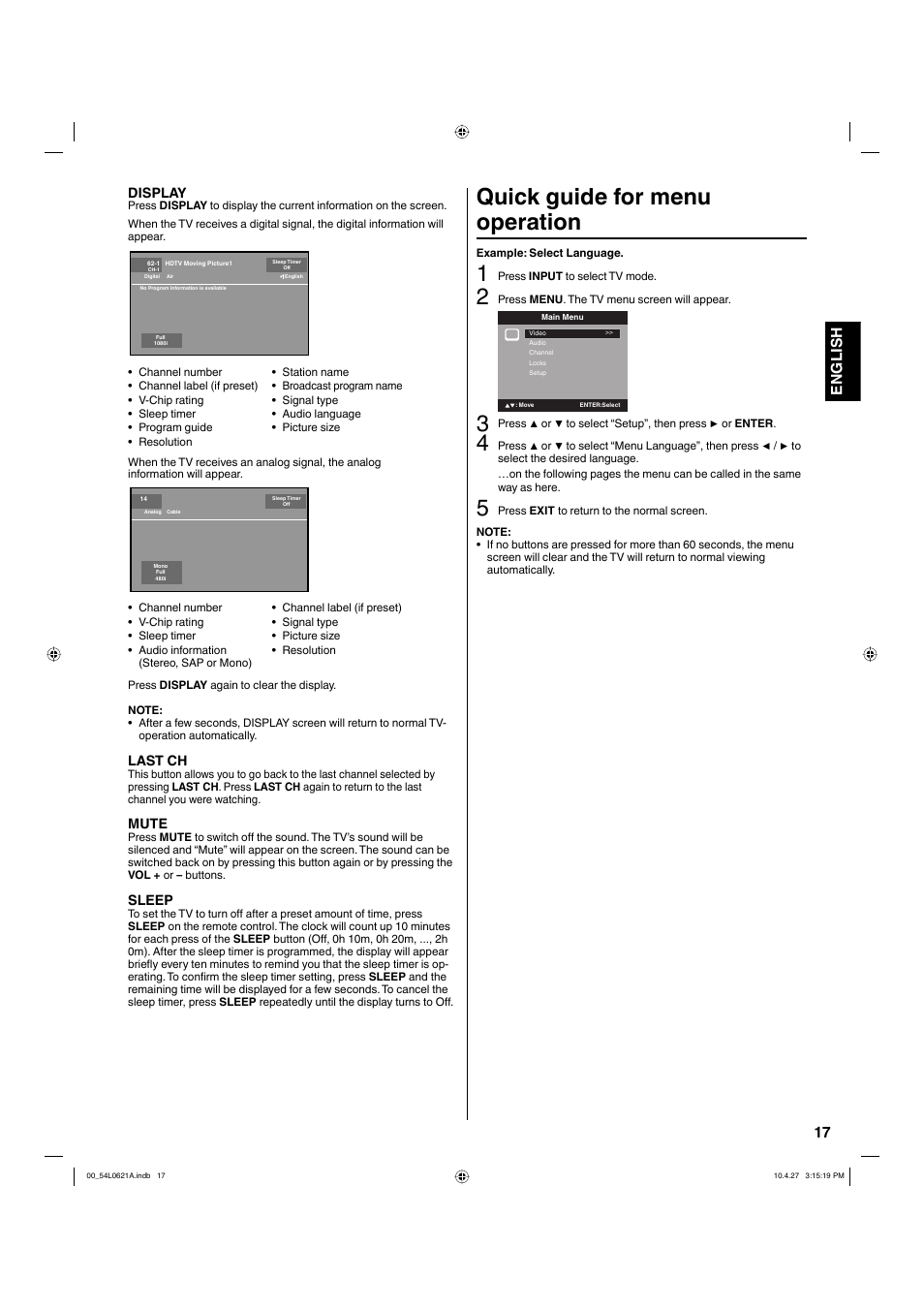 Quick guide for menu operation, 17 english | Hitachi L32BD304 User Manual | Page 17 / 39