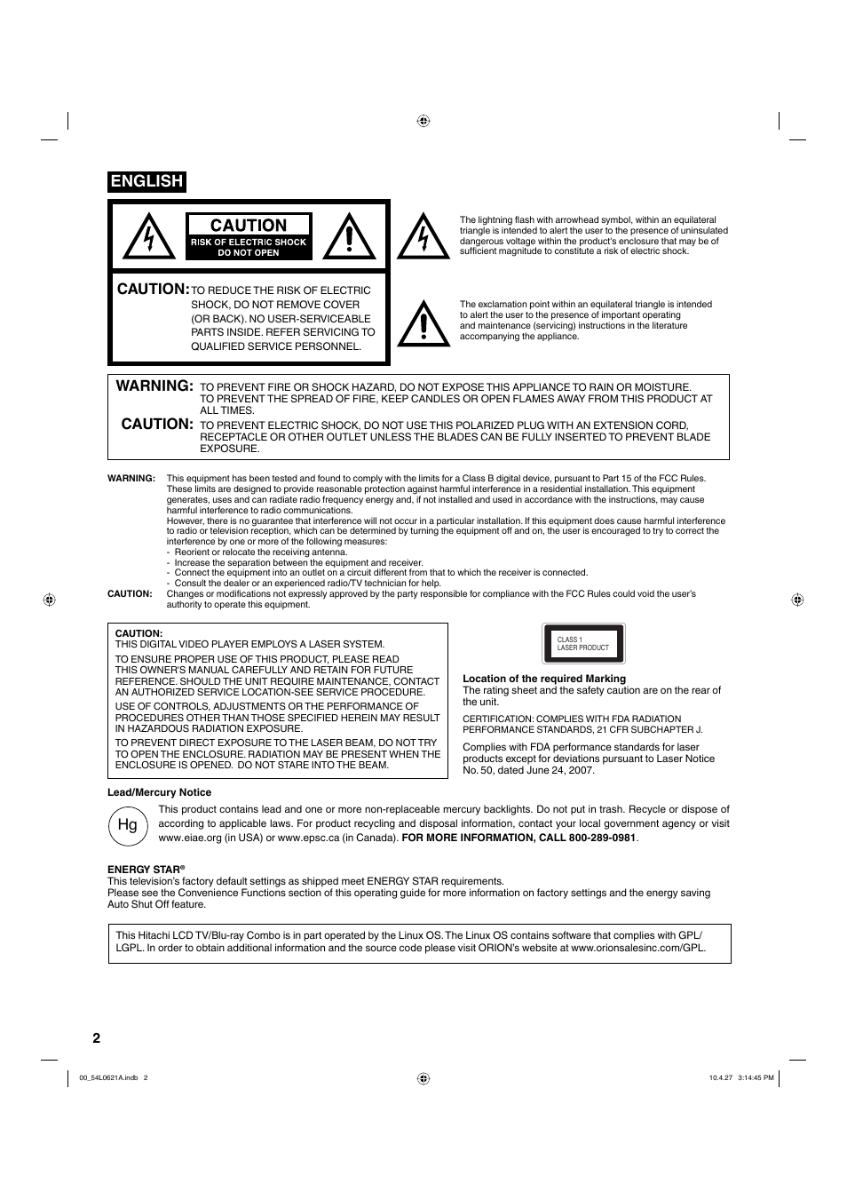 English, Caution, Warning | Hitachi L32BD304 User Manual | Page 2 / 39