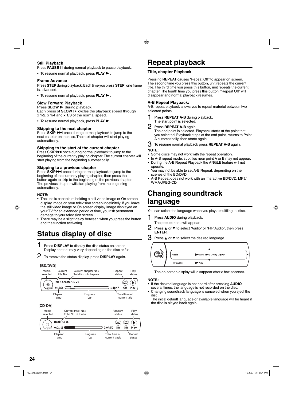 Status display of disc 1, Repeat playback, Changing soundtrack language | Hitachi L32BD304 User Manual | Page 24 / 39