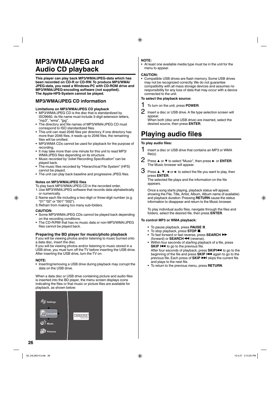 Mp3/wma/jpeg and audio cd playback, Playing audio files, Mp3/wma/jpeg cd information | Hitachi L32BD304 User Manual | Page 26 / 39
