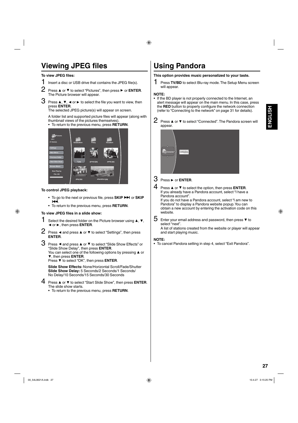 Viewing jpeg files, Using pandora, 27 english | Hitachi L32BD304 User Manual | Page 27 / 39