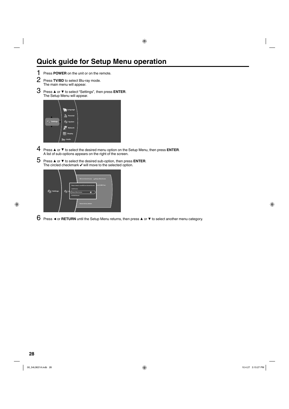 Quick guide for setup menu operation 1 | Hitachi L32BD304 User Manual | Page 28 / 39