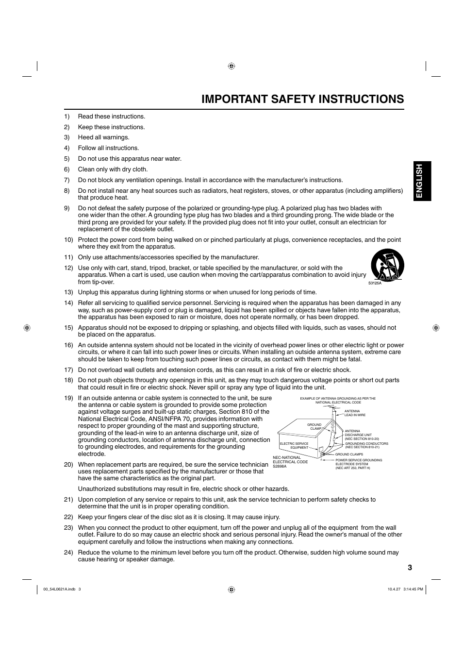 Important safety instructions, 3english | Hitachi L32BD304 User Manual | Page 3 / 39