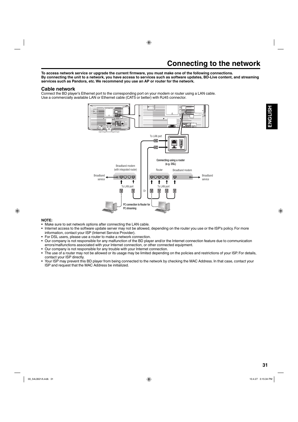 Connecting to the network, 31 english, Cable network | Hitachi L32BD304 User Manual | Page 31 / 39