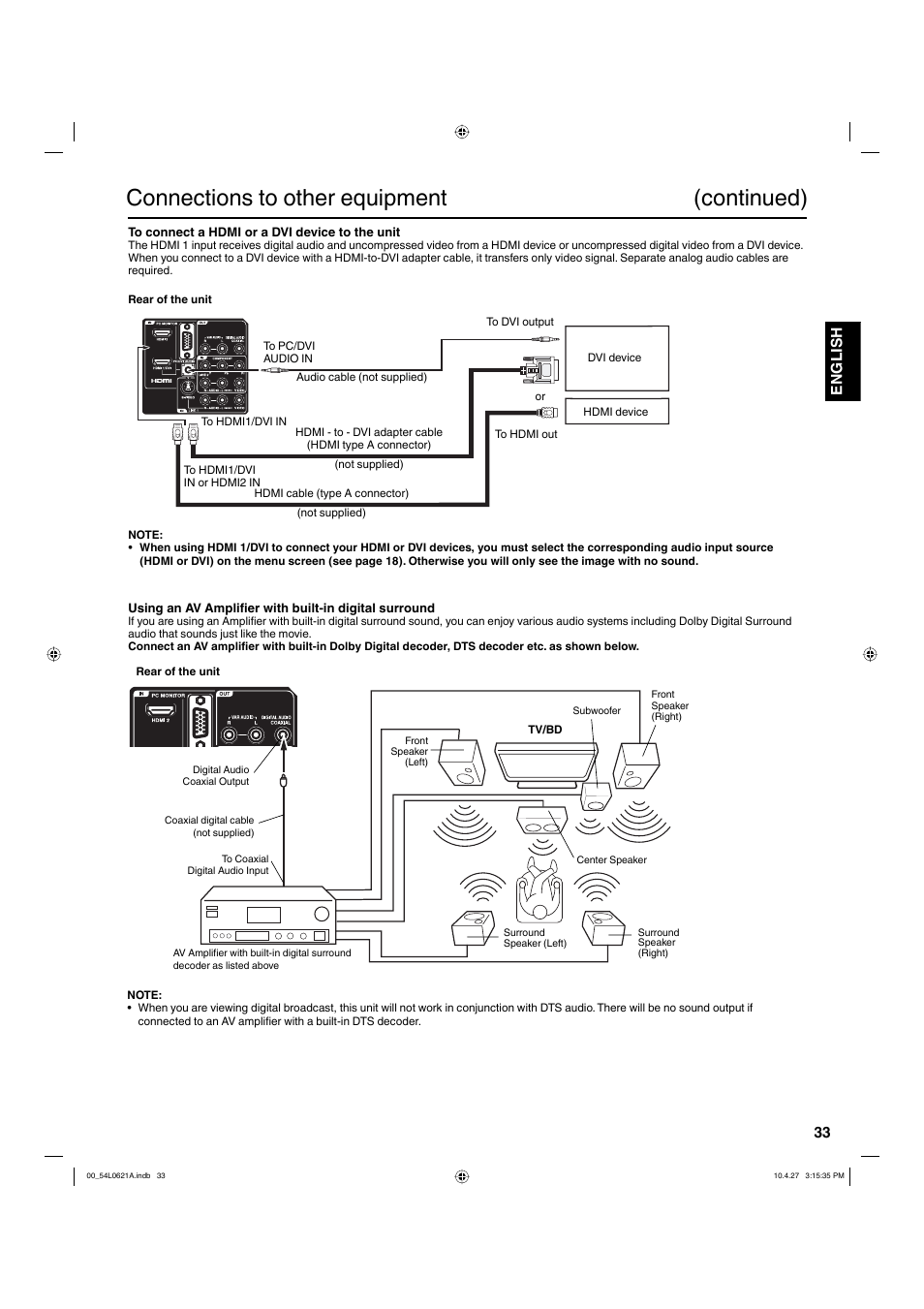 Connections to other equipment (continued), 33 english | Hitachi L32BD304 User Manual | Page 33 / 39