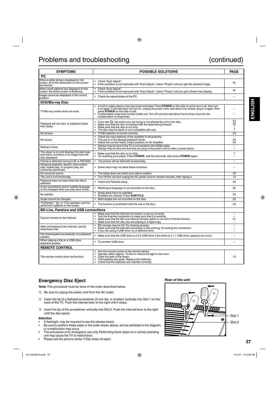 Problems and troubleshooting (continued), 37 english, Energency disc eject | Hitachi L32BD304 User Manual | Page 37 / 39