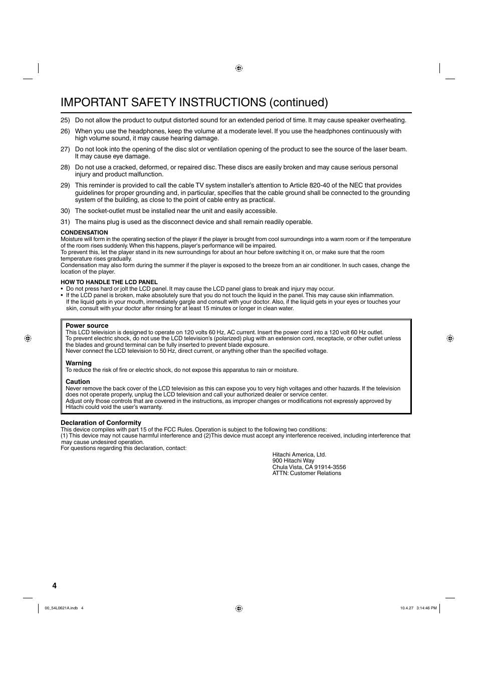 Important safety instructions (continued) | Hitachi L32BD304 User Manual | Page 4 / 39