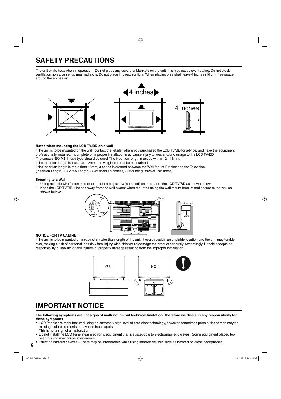 Important notice, Safety precautions, 4 inches | Hitachi L32BD304 User Manual | Page 6 / 39