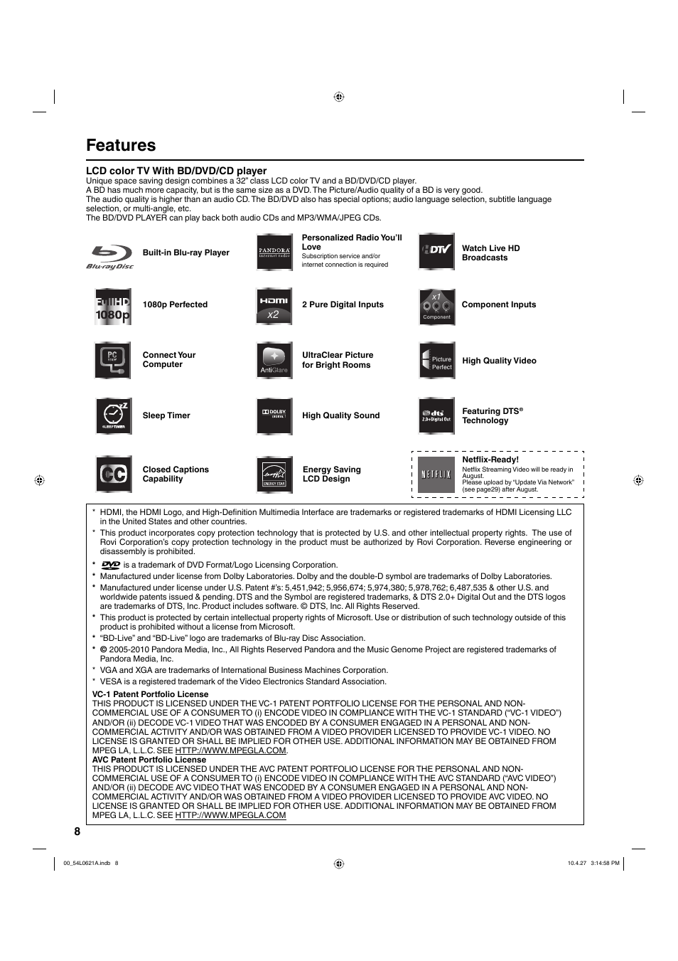 Features | Hitachi L32BD304 User Manual | Page 8 / 39