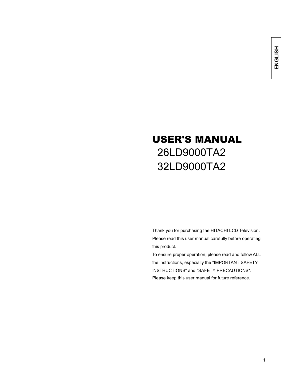Hitachi 26LD9000TA2 User Manual | 41 pages