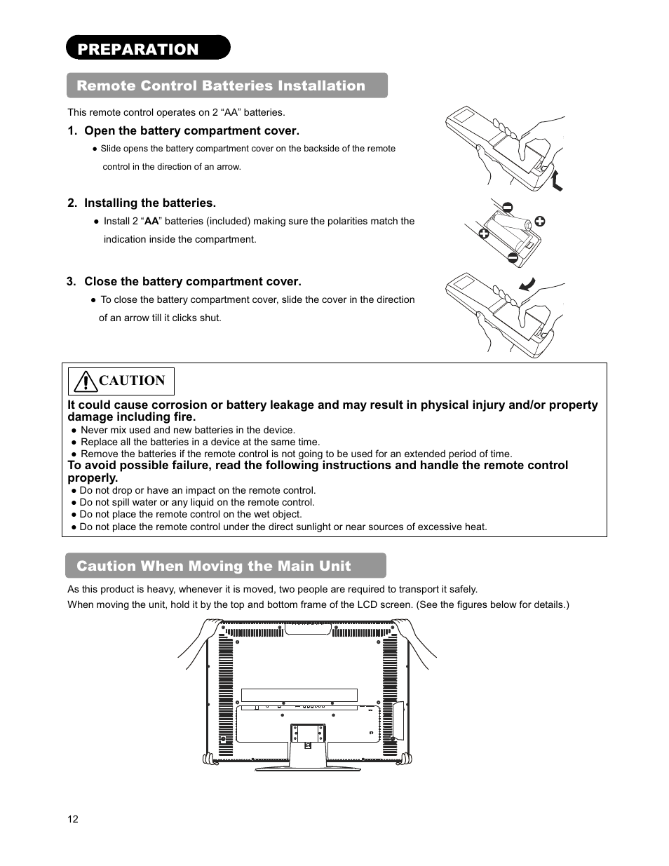 Preparation, Remote control batteries installation, Caution when moving the main unit | Caution | Hitachi 26LD9000TA2 User Manual | Page 12 / 41