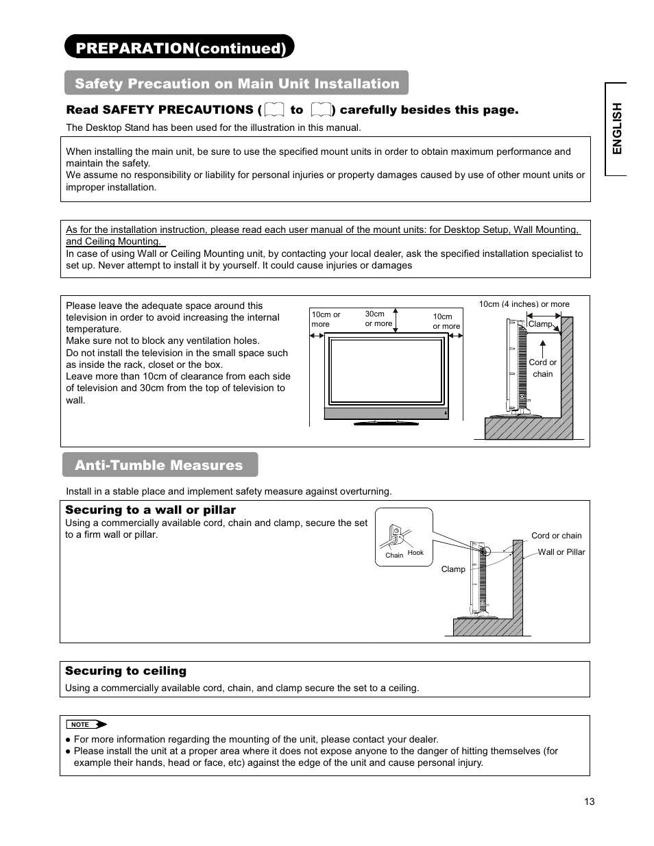 Preparation(continued), Safety precaution on main unit installation, Anti-tumble measures | Hitachi 26LD9000TA2 User Manual | Page 13 / 41