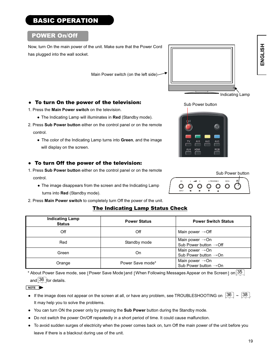 Basic operation, Power on/off | Hitachi 26LD9000TA2 User Manual | Page 19 / 41
