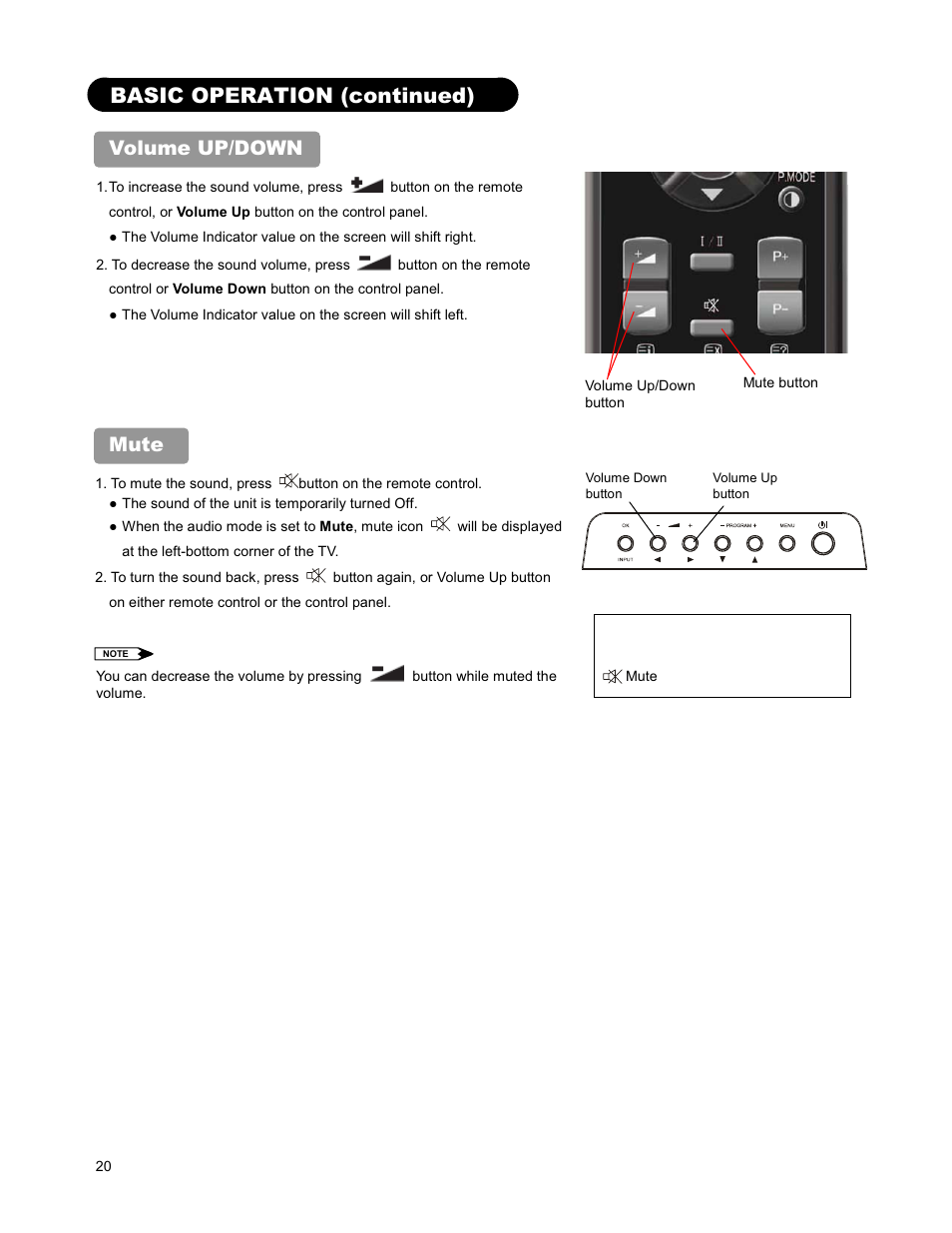 Basic operation (continued), Volume up/down, Mute | Hitachi 26LD9000TA2 User Manual | Page 20 / 41