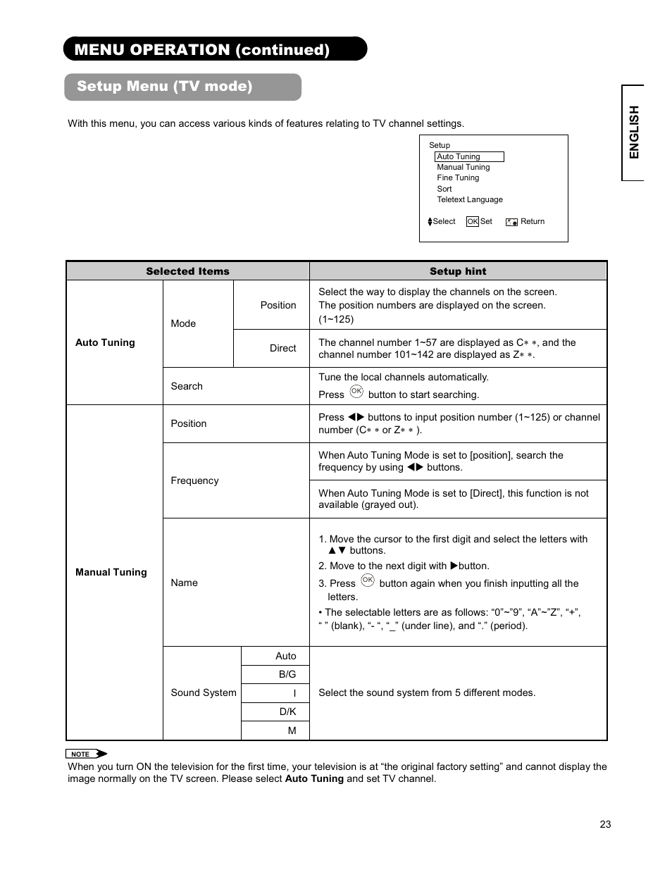 Menu operation (continued), Setup menu (tv mode) | Hitachi 26LD9000TA2 User Manual | Page 23 / 41