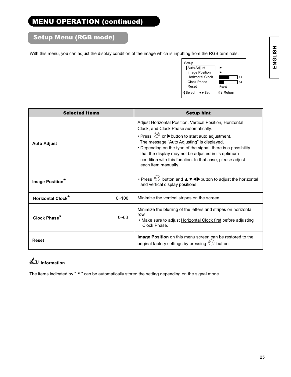 Menu operation (continued), Setup menu (rgb mode) | Hitachi 26LD9000TA2 User Manual | Page 25 / 41