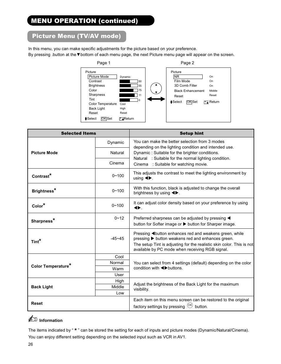 Menu operation (continued), Picture menu (tv/av mode) | Hitachi 26LD9000TA2 User Manual | Page 26 / 41