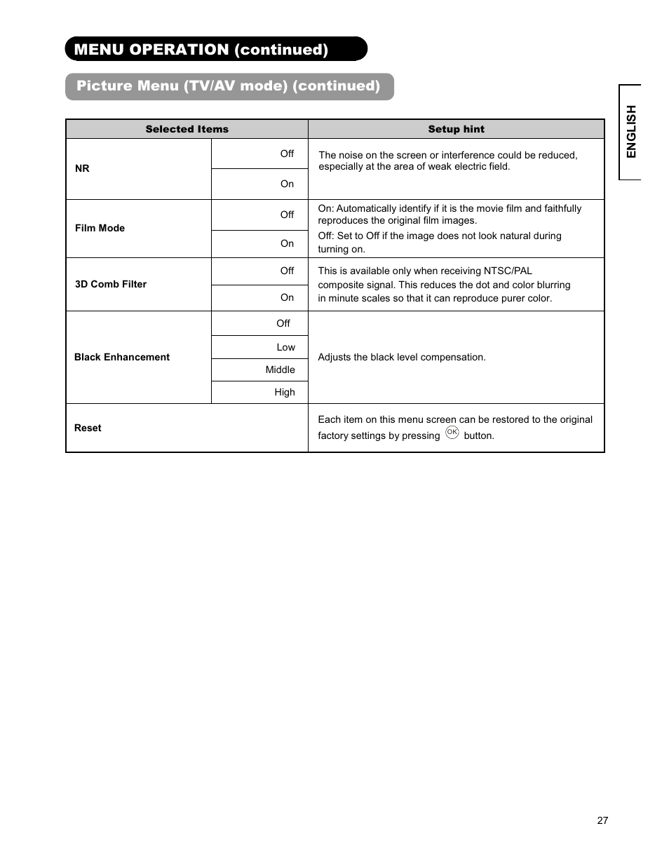 Menu operation (continued), Picture menu (tv/av mode) (continued) | Hitachi 26LD9000TA2 User Manual | Page 27 / 41