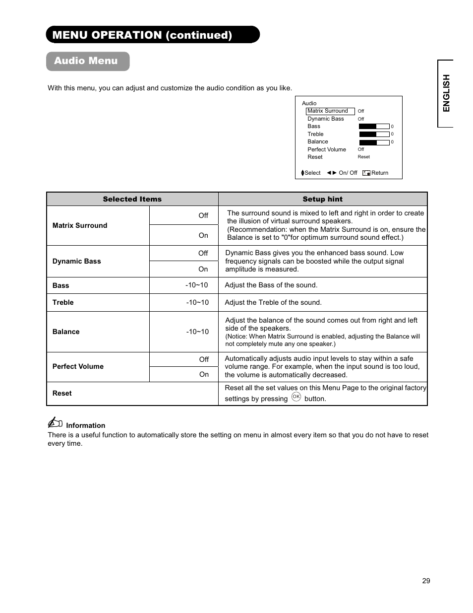 Menu operation (continued), Audio menu, English | Hitachi 26LD9000TA2 User Manual | Page 29 / 41