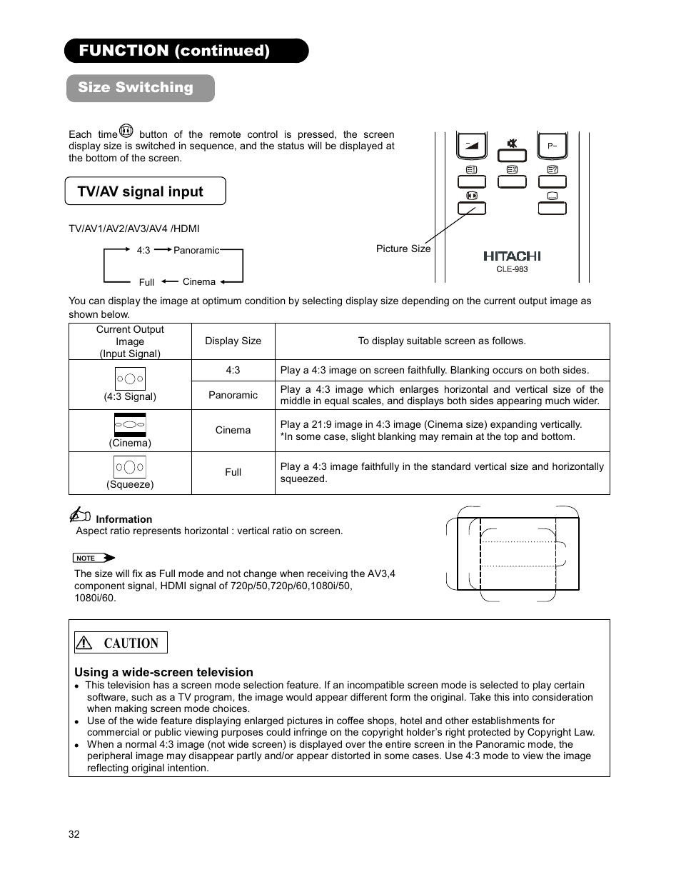 Function (continued), Size switching, Tv/av signal input | Caution | Hitachi 26LD9000TA2 User Manual | Page 32 / 41