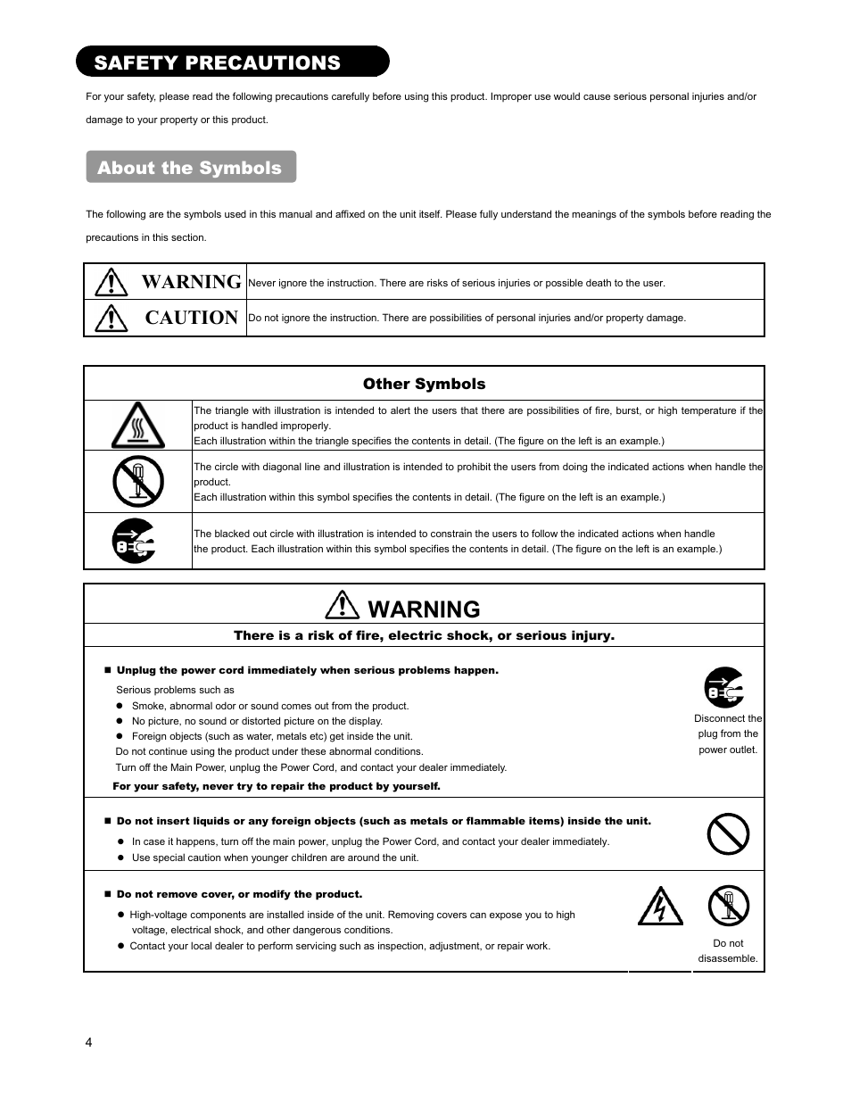 Warning, Caution, Safety precautions | About the symbols, Other symbols | Hitachi 26LD9000TA2 User Manual | Page 4 / 41