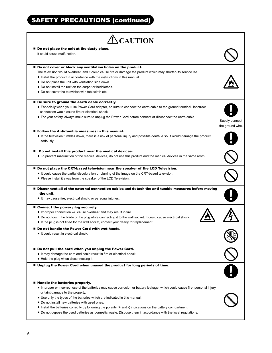 Caution, Safety precautions (continued) | Hitachi 26LD9000TA2 User Manual | Page 6 / 41