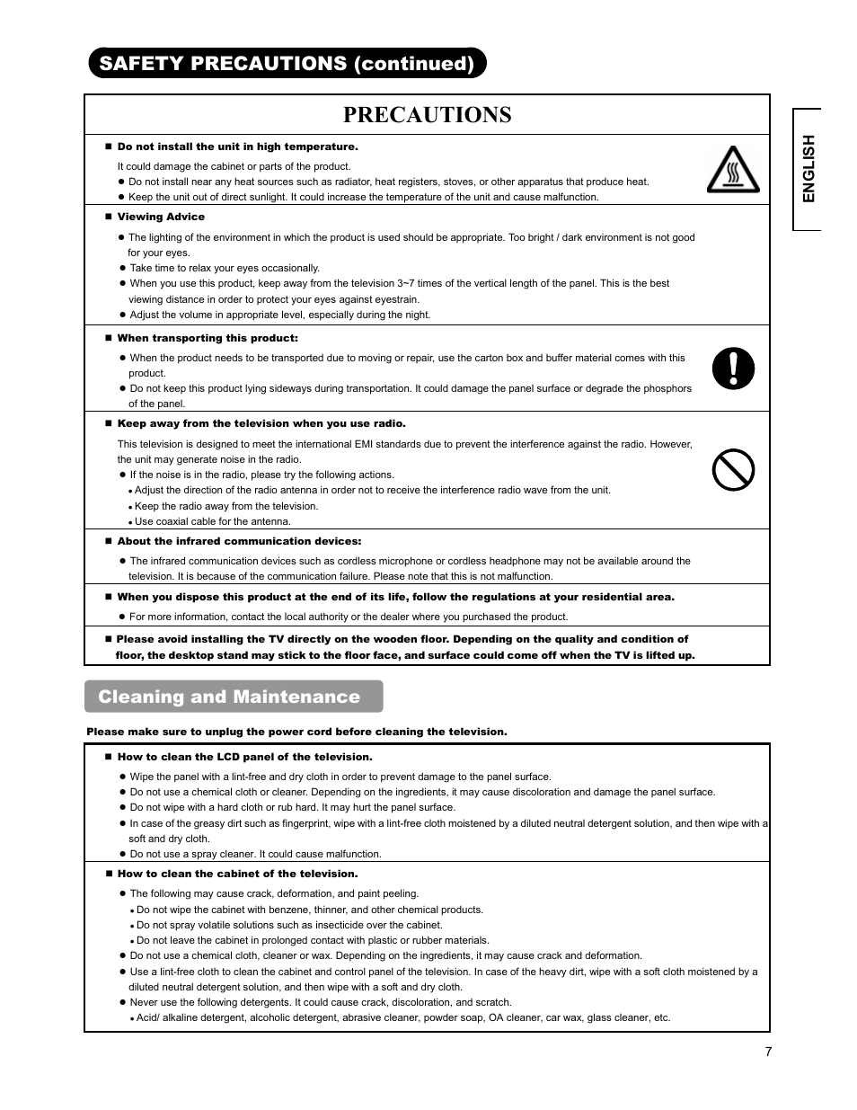 Precautions, Safety precautions (continued), Cleaning and maintenance | English | Hitachi 26LD9000TA2 User Manual | Page 7 / 41
