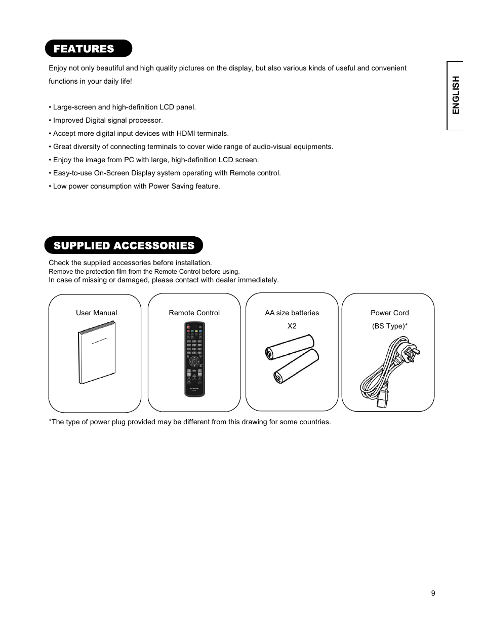 Features, Supplied accessories | Hitachi 26LD9000TA2 User Manual | Page 9 / 41
