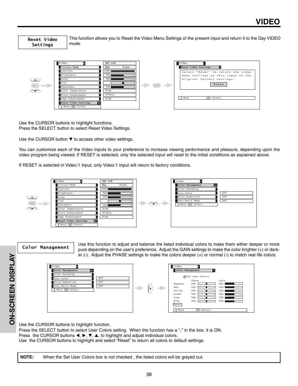 Video, On-screen displa y | Hitachi 65F710S User Manual | Page 38 / 80