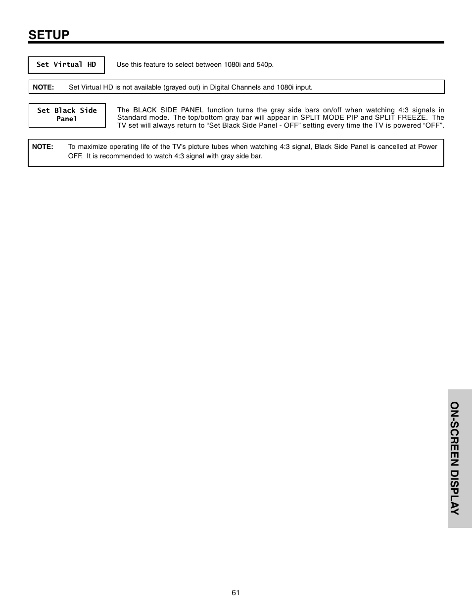 Setup, On-screen displa y | Hitachi 65F710S User Manual | Page 61 / 80