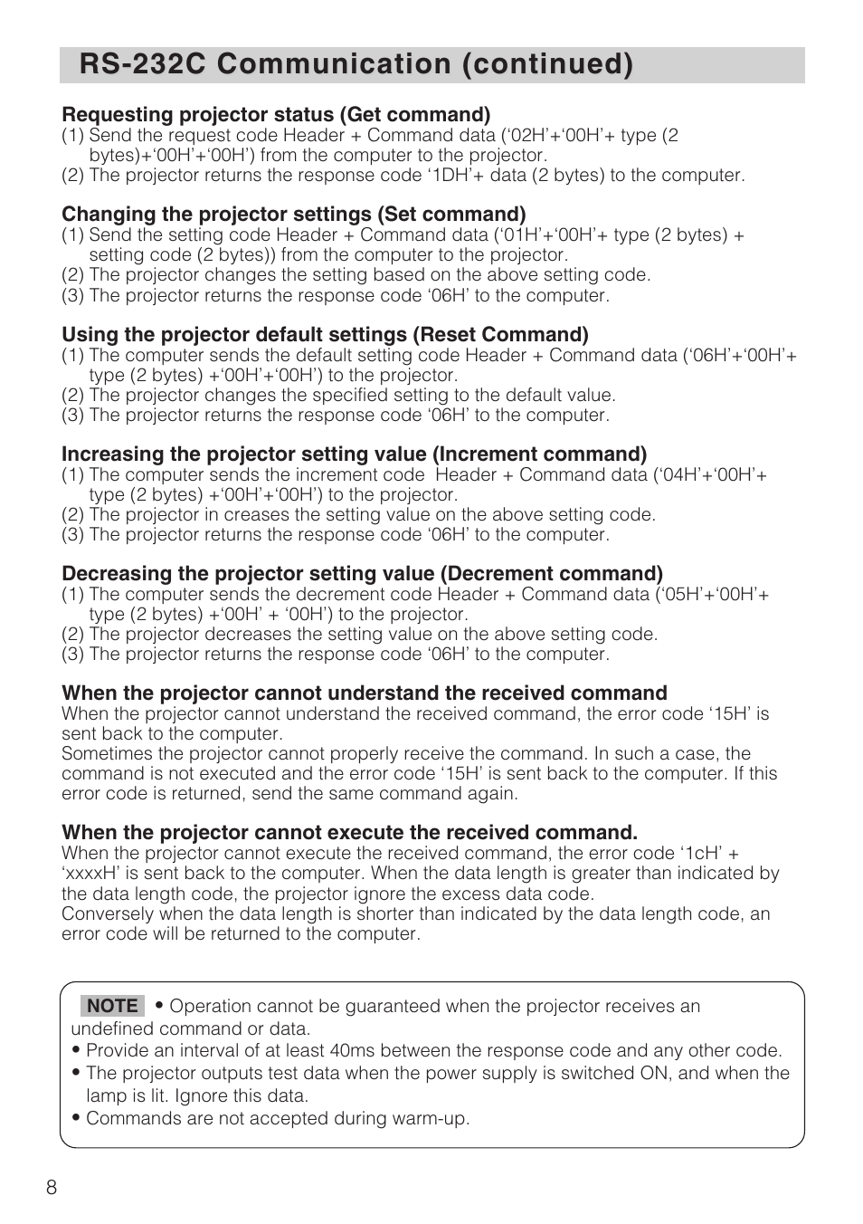 Rs-232c communication (continued) | Hitachi CP-SX1350 User Manual | Page 8 / 16