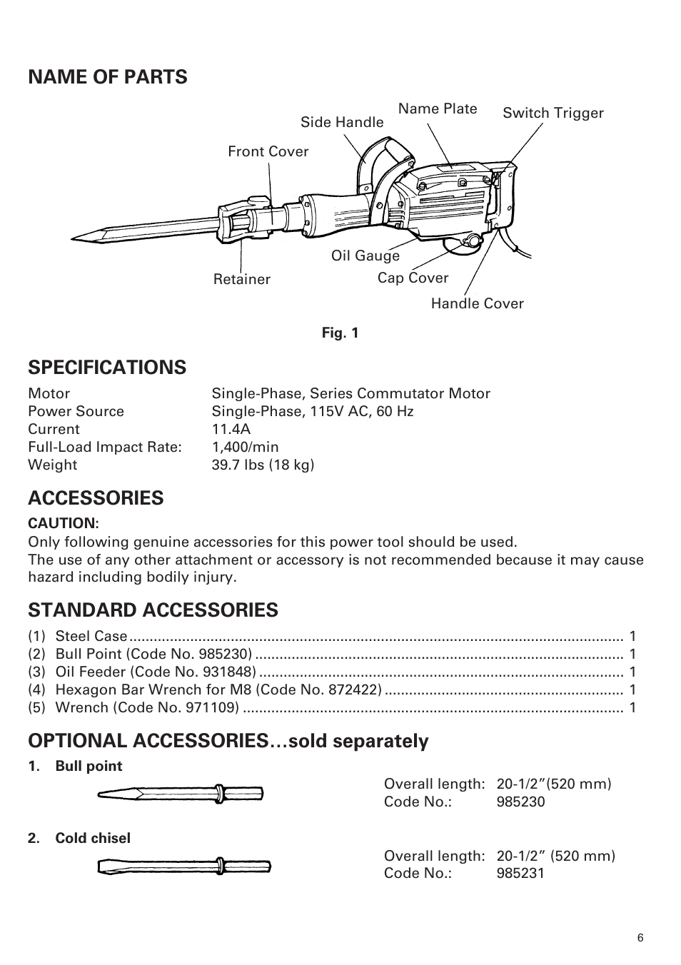 Name of parts specifications, Accessories, Standard accessories | Optional accessories…sold separately | Hitachi H 65 User Manual | Page 7 / 12