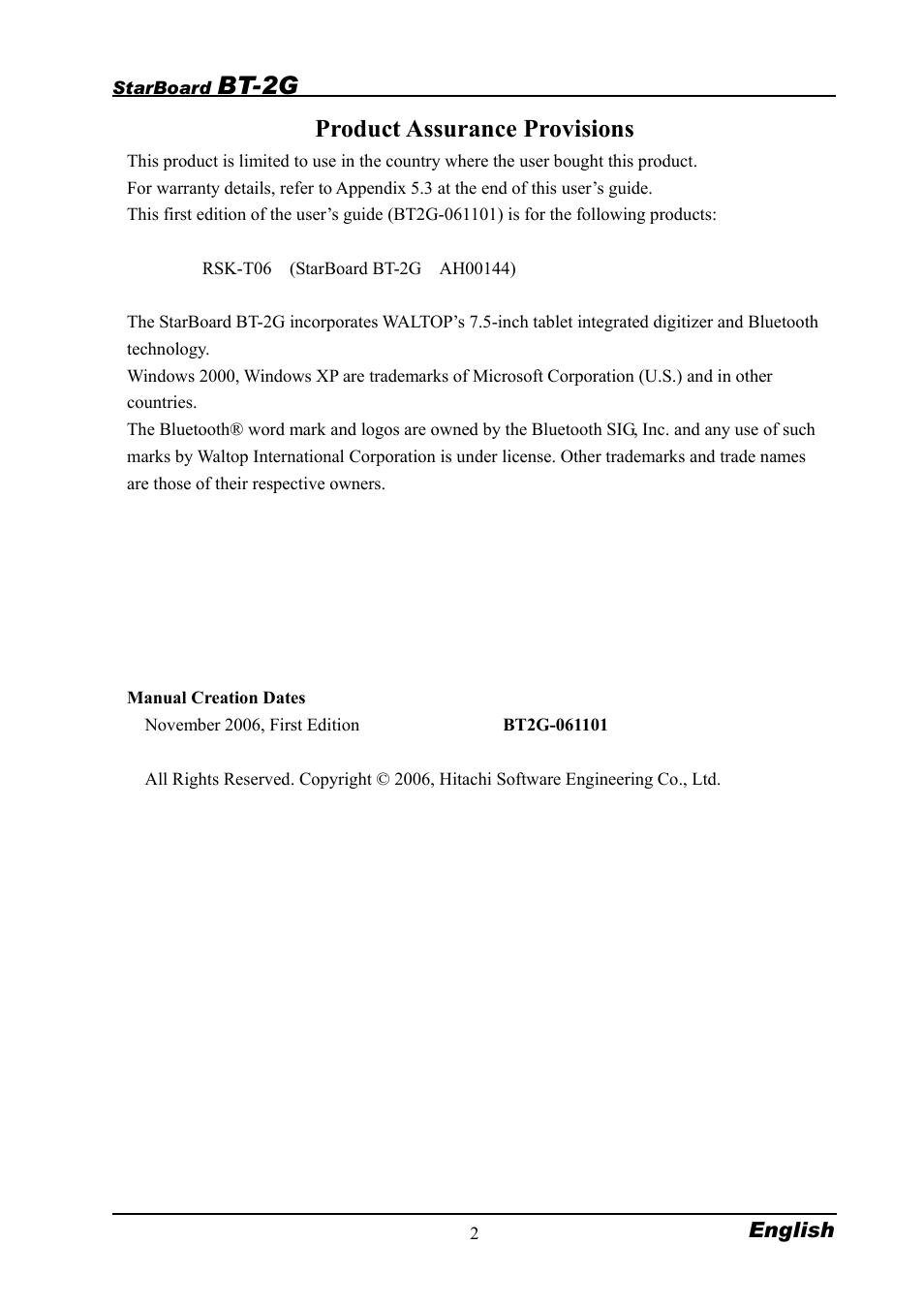 Bt-2g, Product assurance provisions | Hitachi StarBoard BT2G-061101 User Manual | Page 8 / 40