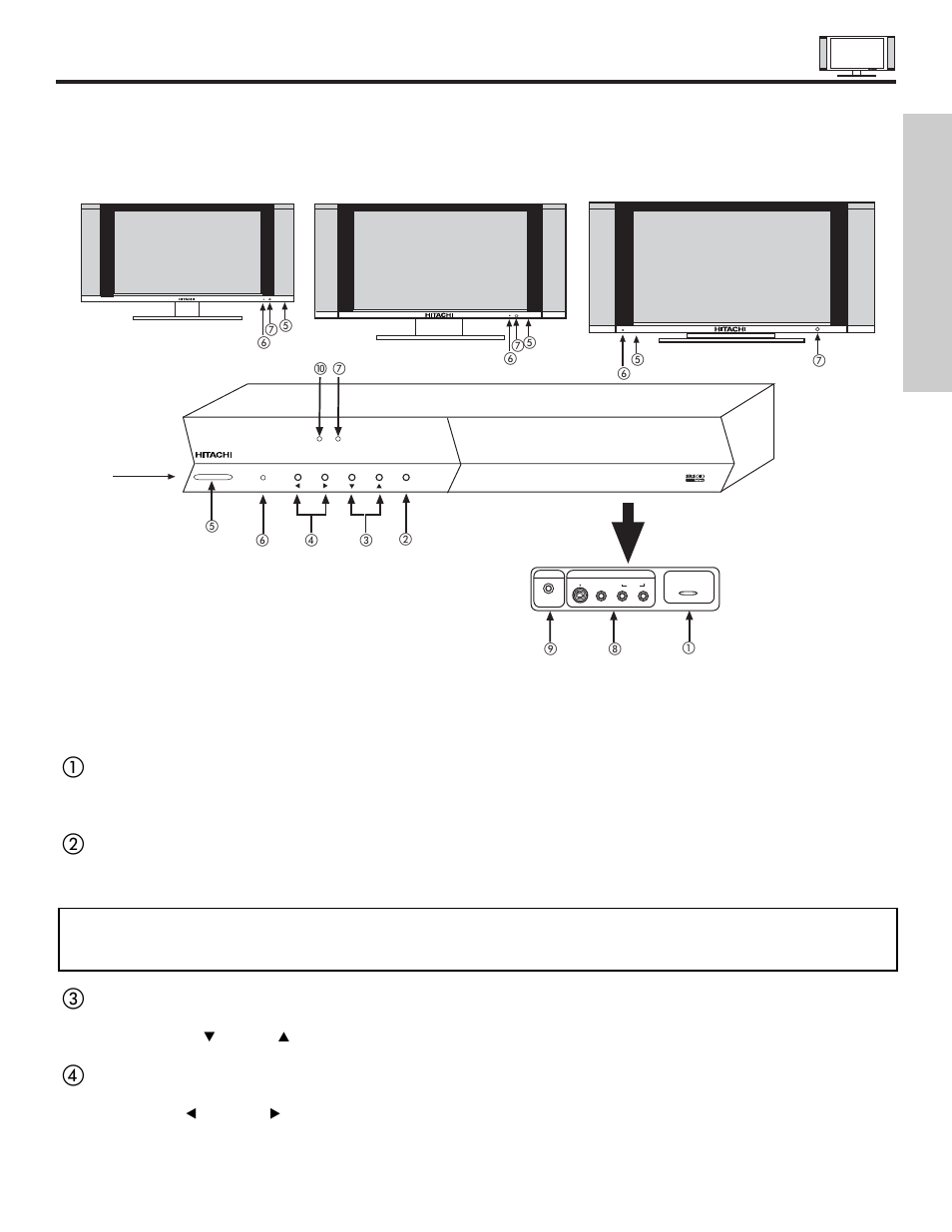 Front panel controls, First time use, Front view | Hitachi 42HDT50 User Manual | Page 9 / 84