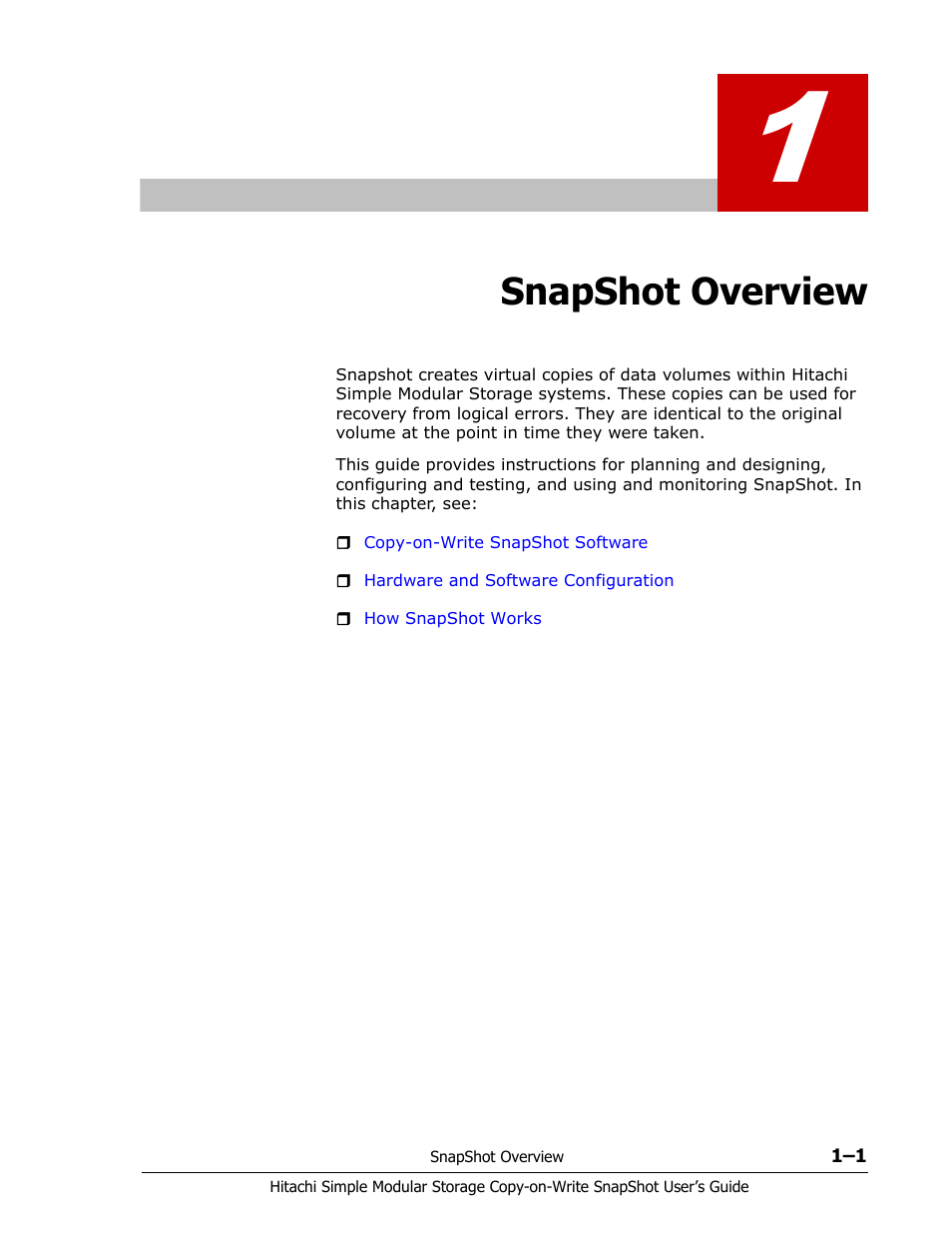 Snapshot overview, Chapter 1, snapshot, Overview | Snapshot overview -1 | Hitachi MK-97DF8018-00 User Manual | Page 13 / 90