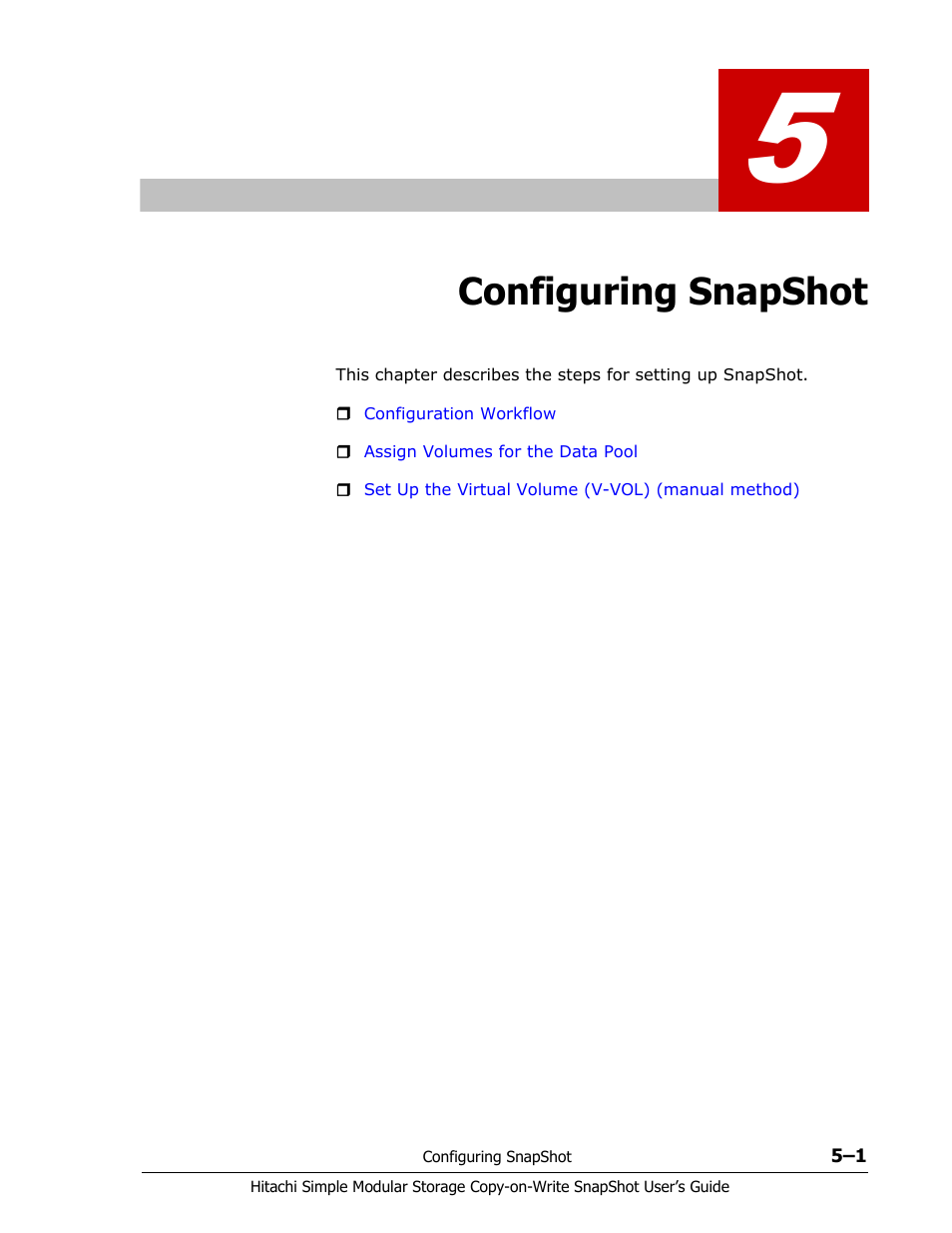 Configuring snapshot, Chapter 5, Configuring | Snapshot, Configuring snapshot -1 | Hitachi MK-97DF8018-00 User Manual | Page 39 / 90