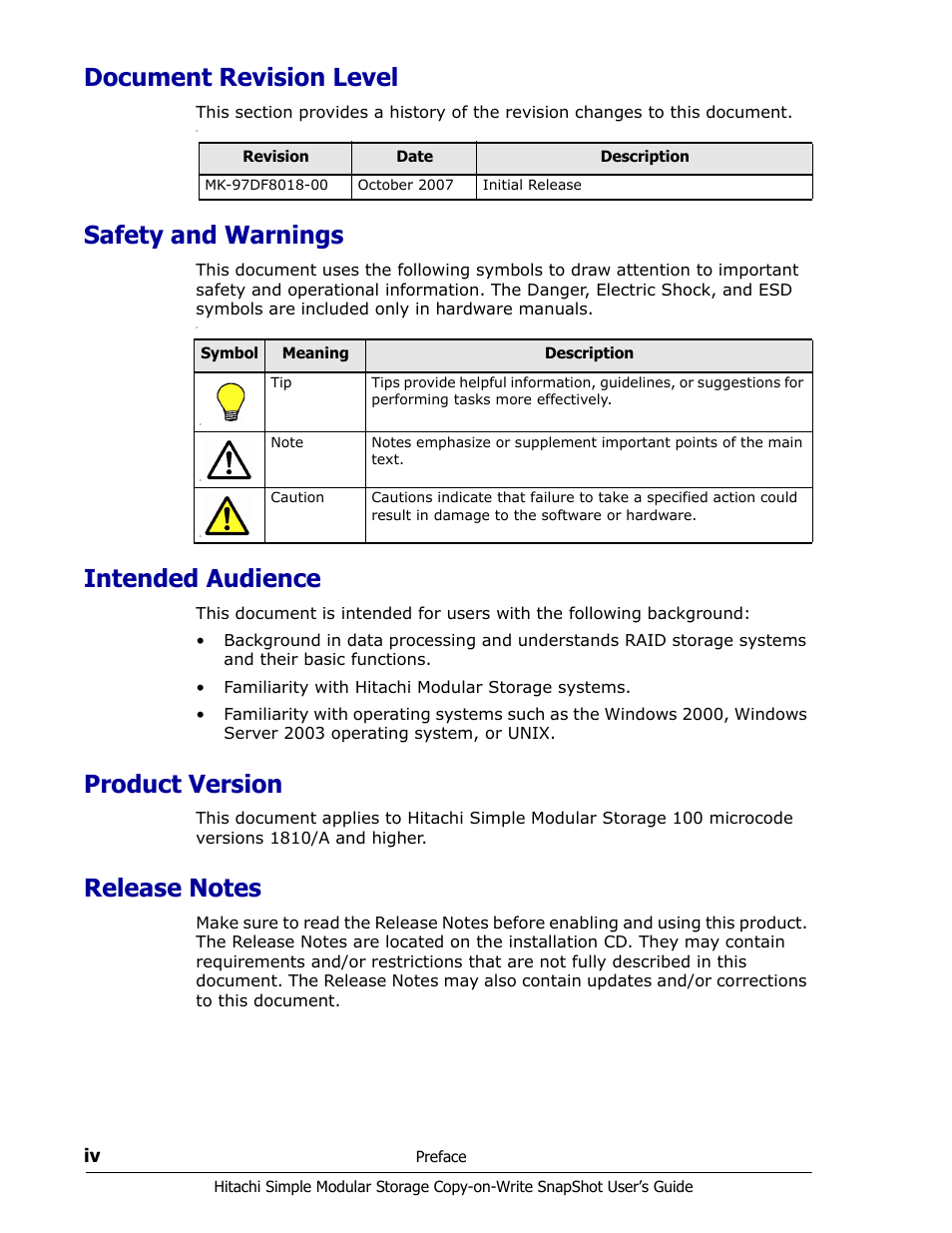 Document revision level, Safety and warnings, Intended audience | Product version, Release notes | Hitachi MK-97DF8018-00 User Manual | Page 4 / 90