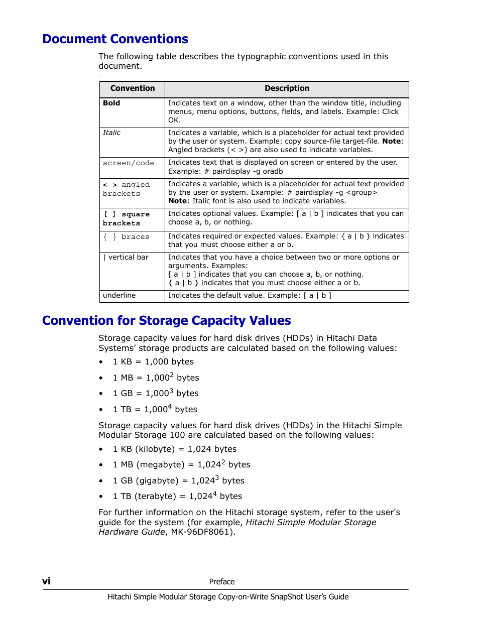 Document conventions, Convention for storage capacity values | Hitachi MK-97DF8018-00 User Manual | Page 6 / 90