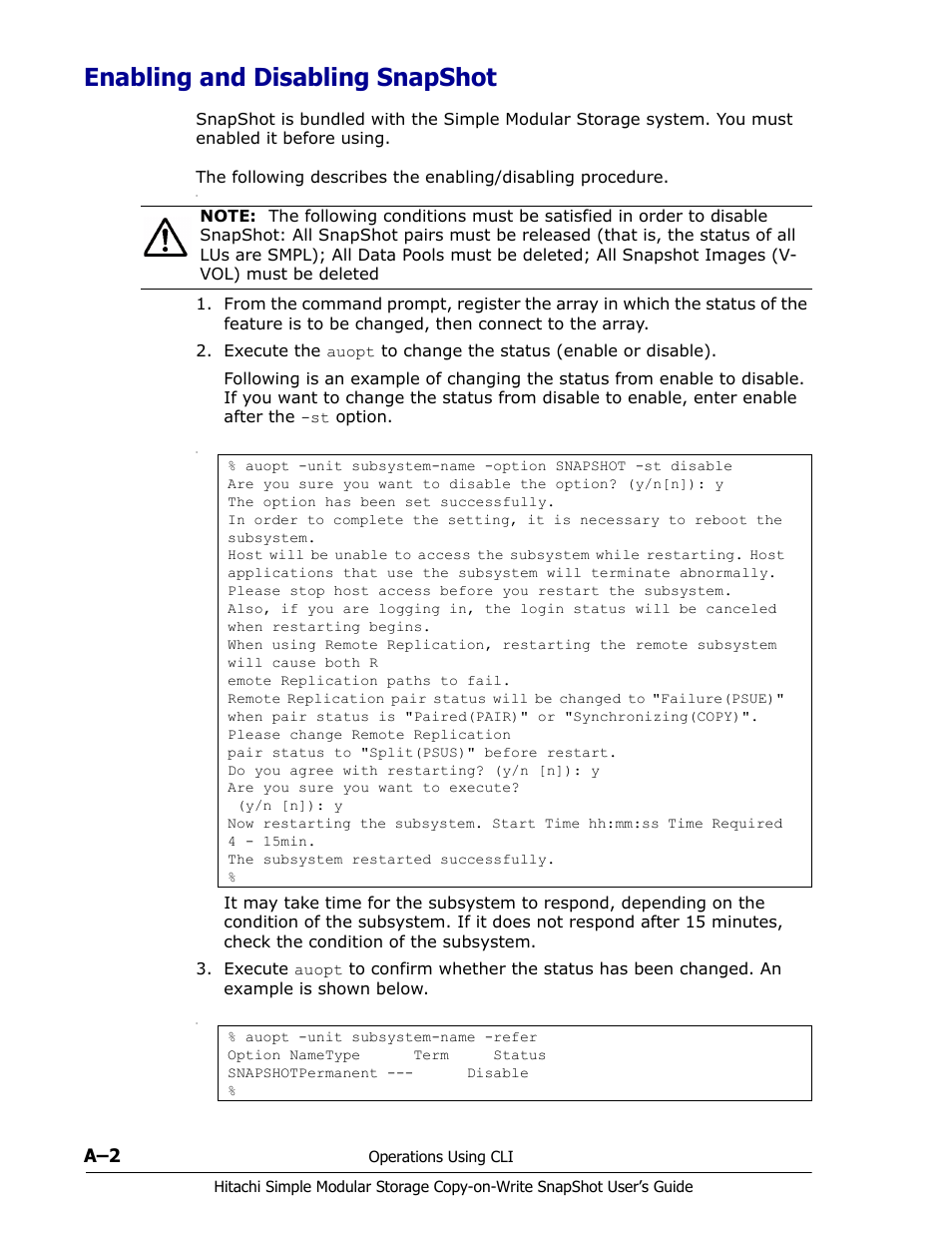 Enabling and disabling snapshot | Hitachi MK-97DF8018-00 User Manual | Page 60 / 90