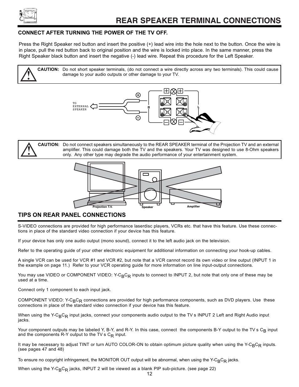 Rear speaker terminal connections, Tips on rear panel connections | Hitachi 50EX01B User Manual | Page 12 / 60