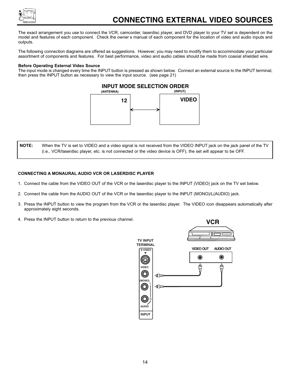 Connecting external video sources, 12 video input mode selection order | Hitachi 50EX01B User Manual | Page 14 / 60