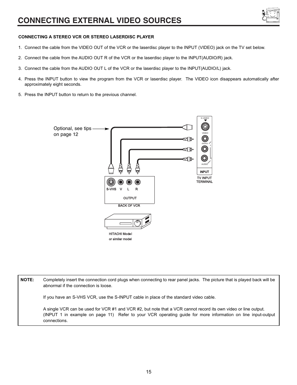 Connecting external video sources, Optional, see tips on page 12 | Hitachi 50EX01B User Manual | Page 15 / 60