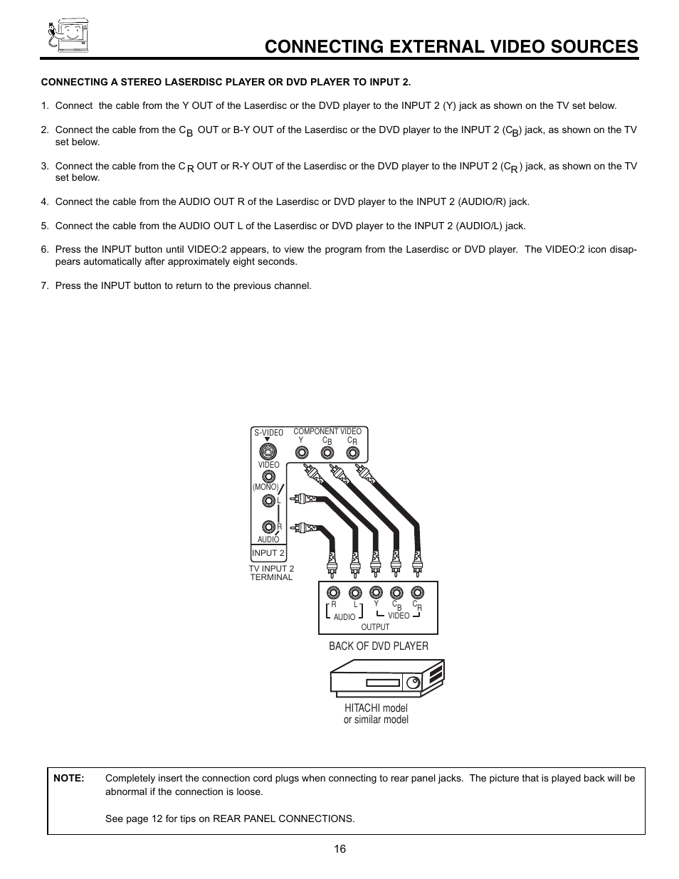 Connecting external video sources | Hitachi 50EX01B User Manual | Page 16 / 60