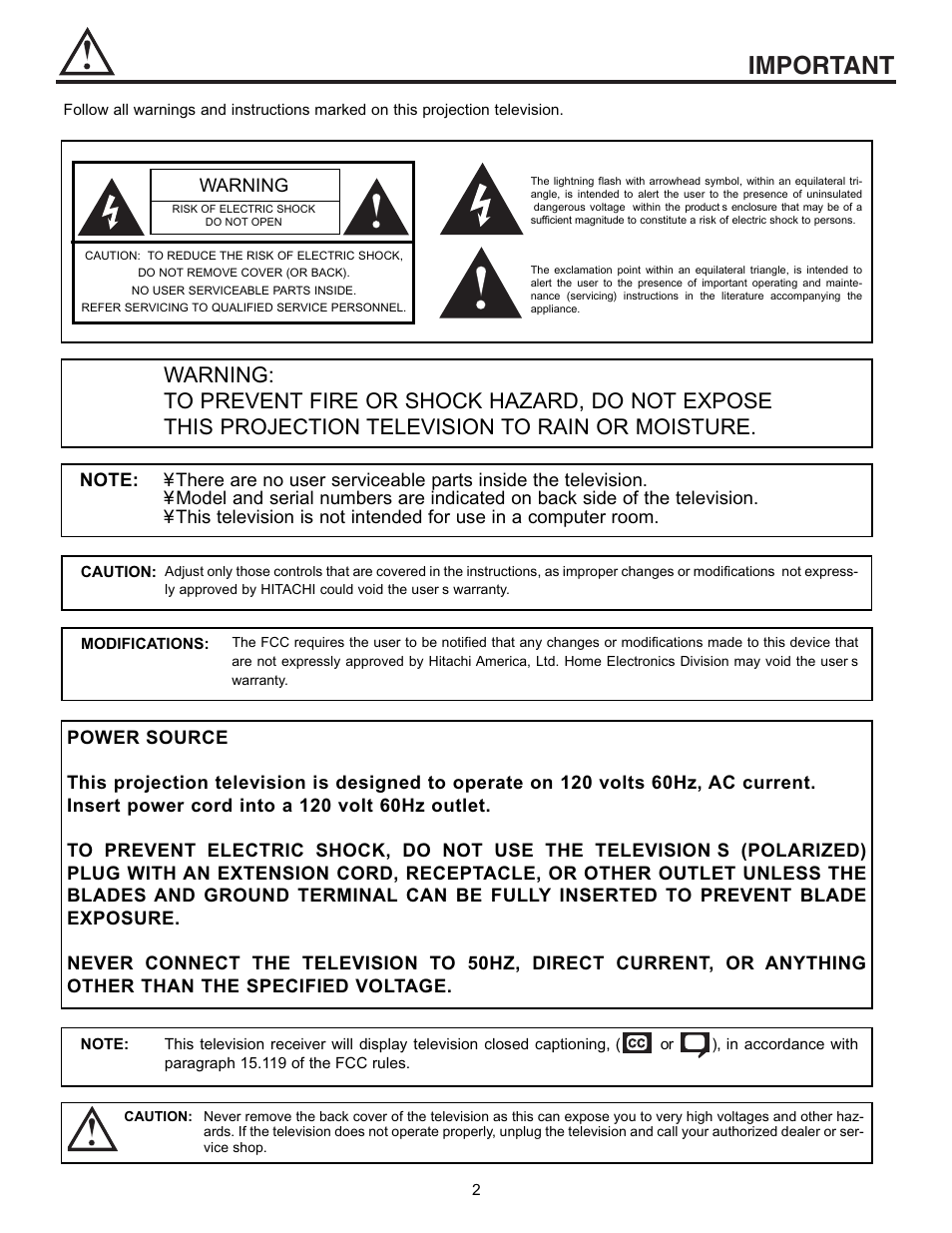 Important, Warning | Hitachi 50EX01B User Manual | Page 2 / 60