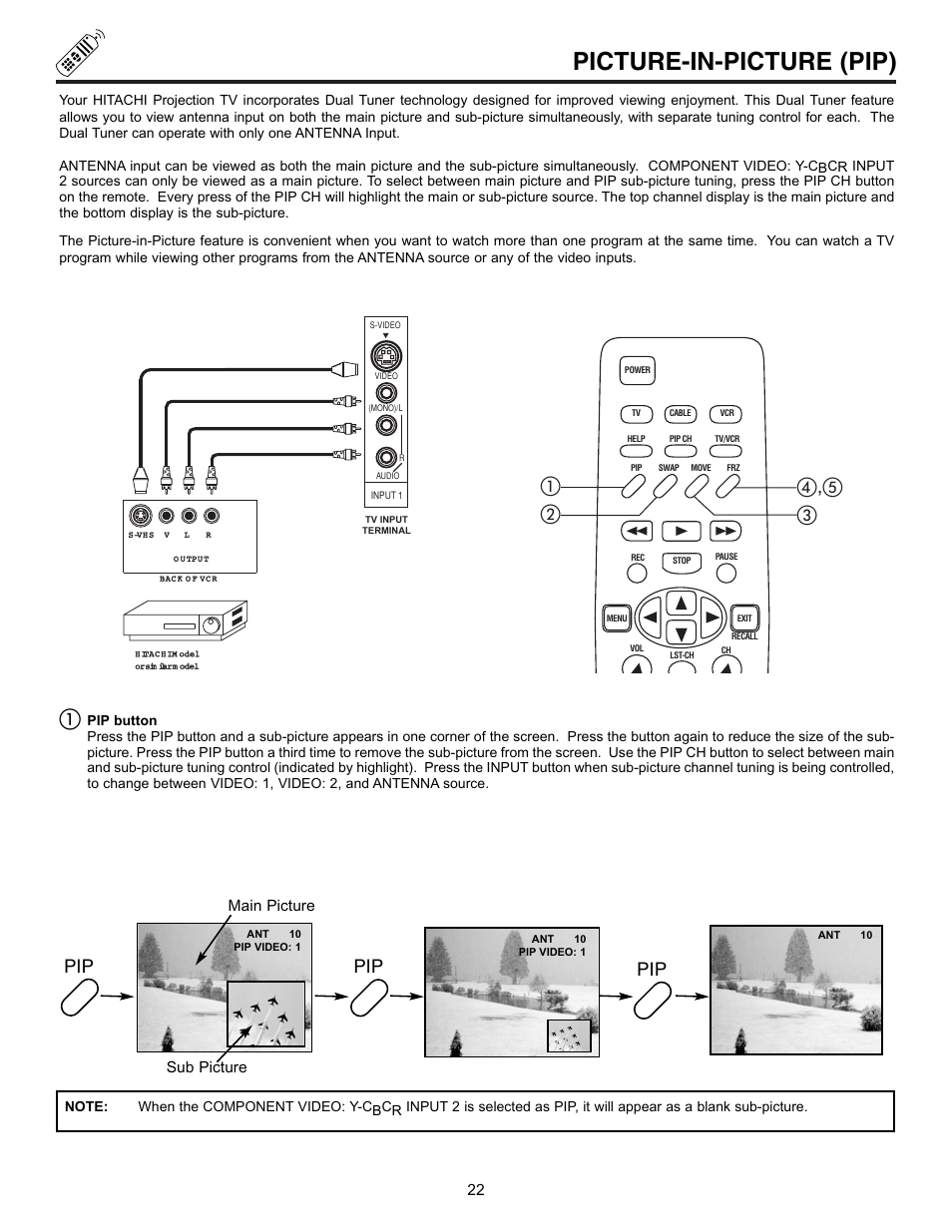 Picture-in-picture (pip), ቢብ,ቦ ባ ቤ, Main picture sub picture | Hitachi 50EX01B User Manual | Page 22 / 60