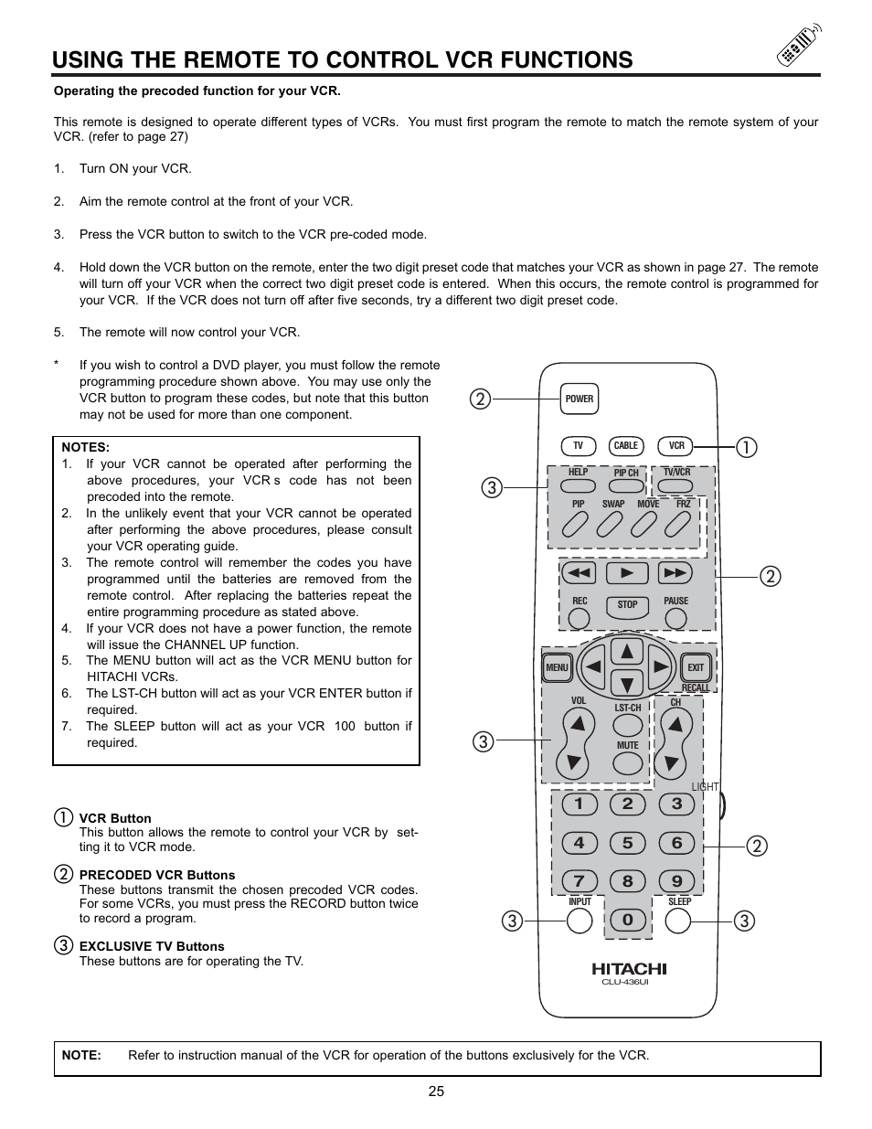 Using the remote to control vcr functions | Hitachi 50EX01B User Manual | Page 25 / 60